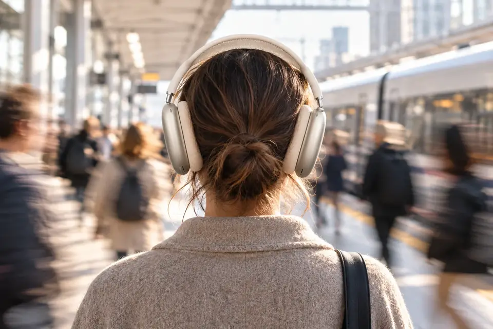 The Apple AirPods Max at work: a commuter wearing noise cancelling headphones on a train platform