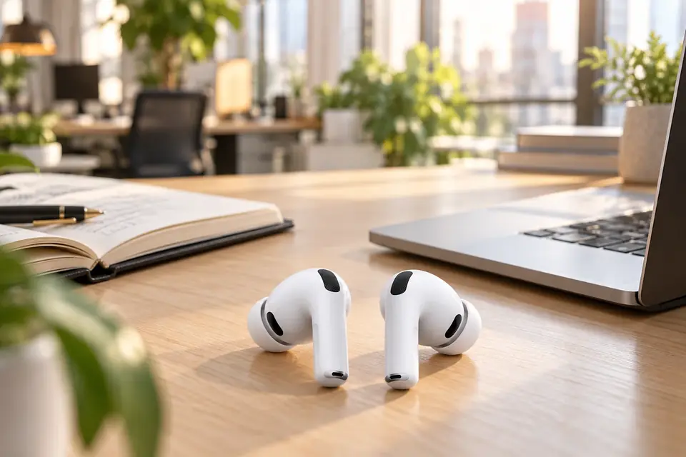 The Apple AirPods Pro 3 at work: noise cancelling headphones on a desk in a busy office