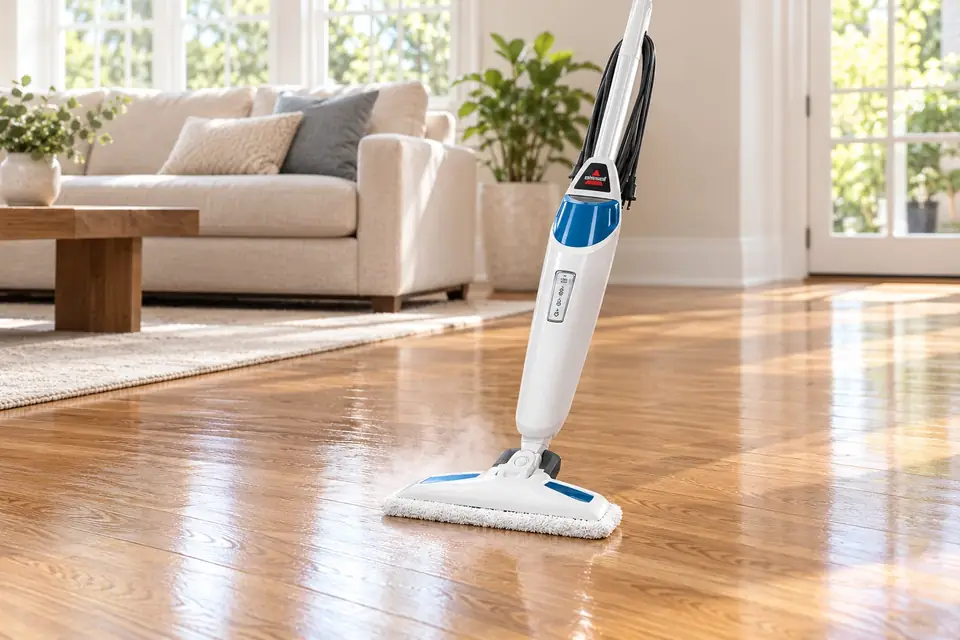 The Bissell PowerFresh 1940 at work: a steam mop on a gleaming hardwood floor