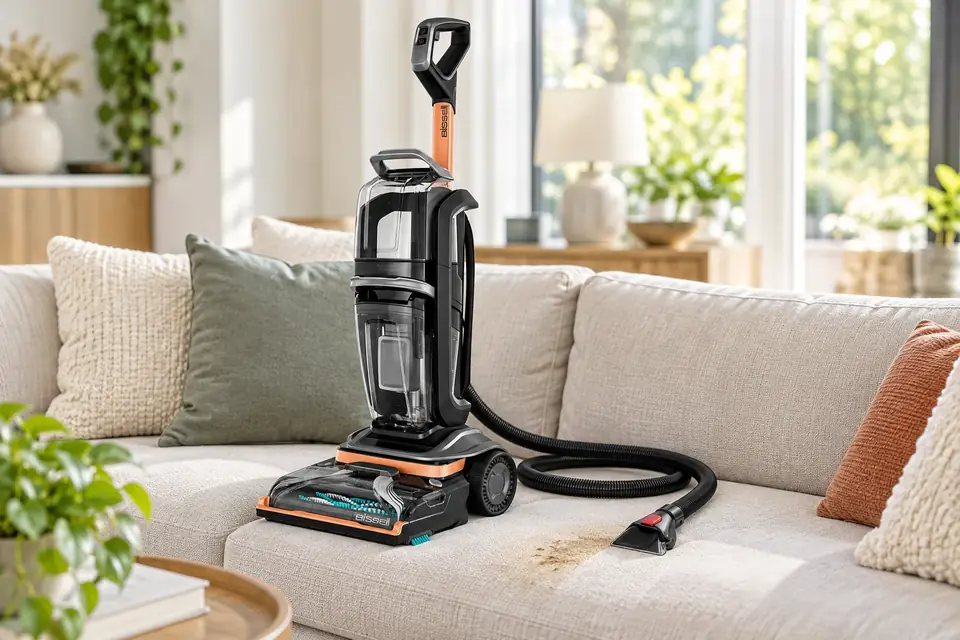The Bissell Revolution HydroSteam at work: a portable spot cleaner on a sofa cushion