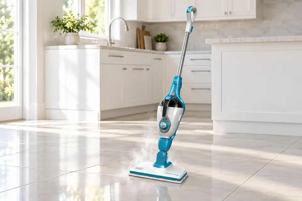 The Black+Decker 7-in-1 Steam Mop at work: a steam mop on a clean tiled floor