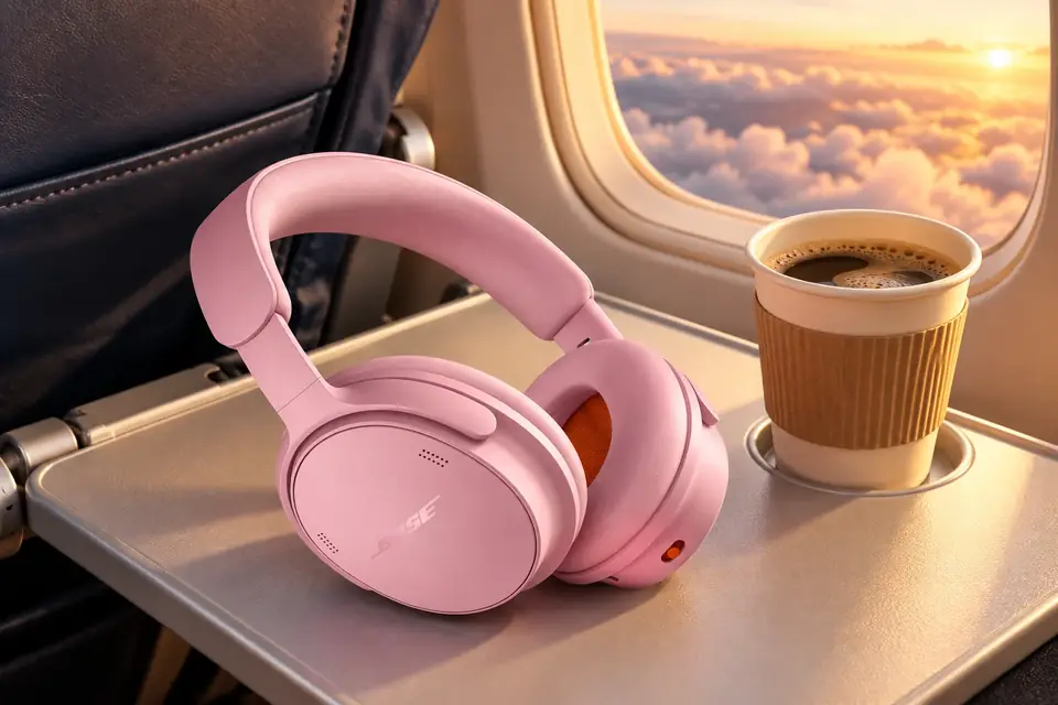 The Bose QuietComfort Headphones at work: noise cancelling headphones on an airplane tray table