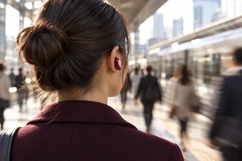 The Bose QuietComfort Ultra Earbuds at work: a commuter wearing noise cancelling headphones on a train platform