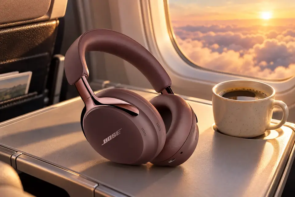 The Bose QuietComfort Ultra Headphones at work: noise cancelling headphones on an airplane tray table