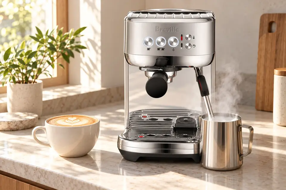 The Breville Bambino Plus at work: an espresso machine steaming milk for a latte