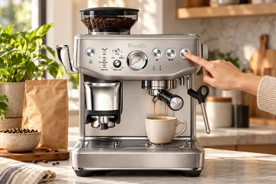 The Breville Barista Express Impress at work: making espresso at the press of a button