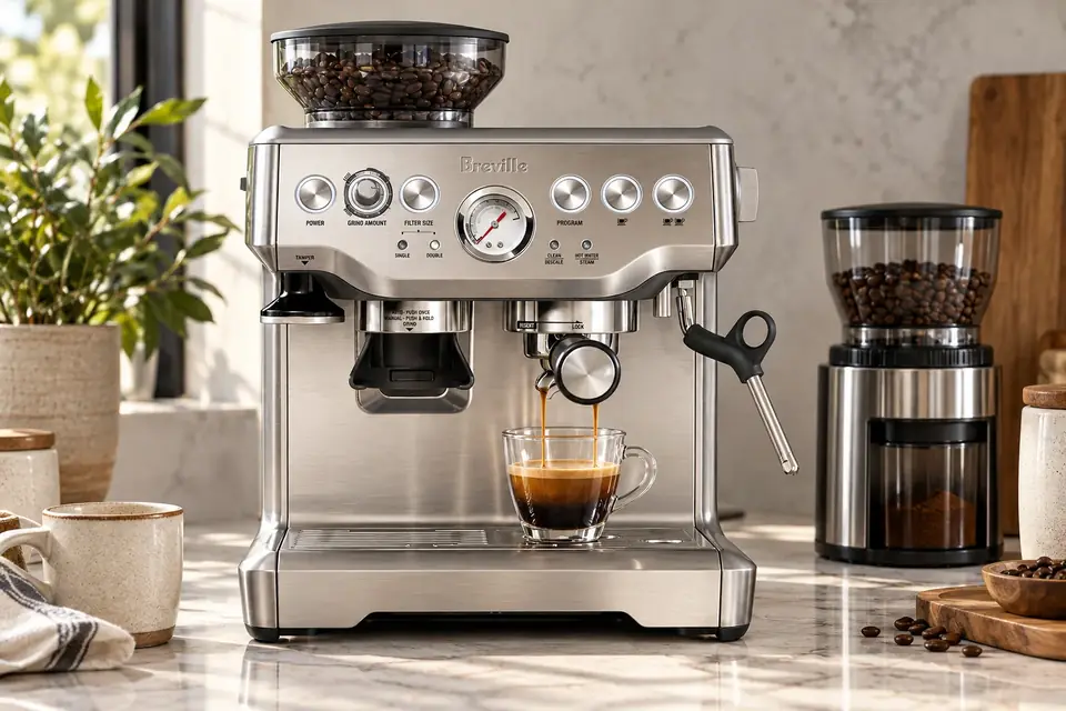 The Breville Barista Express at work: an espresso machine pulling a shot with crema