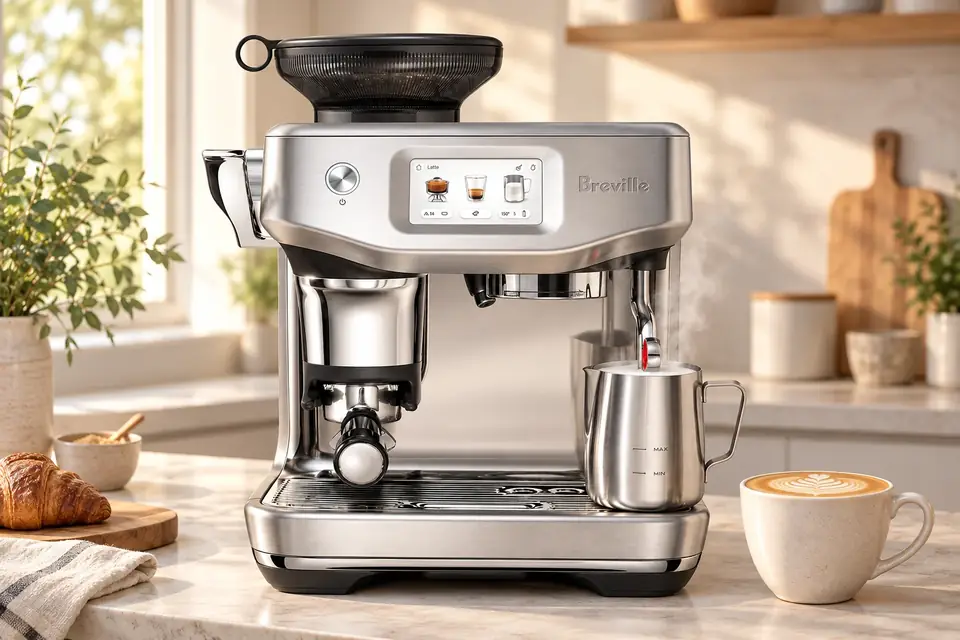 The Breville Barista Touch Impress at work: an espresso machine steaming milk for a latte