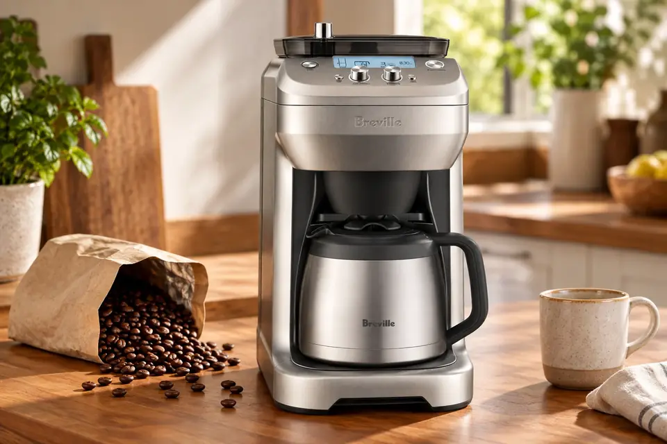 The Breville Grind Control at work: a grind-and-brew coffee maker beside a bag of whole beans