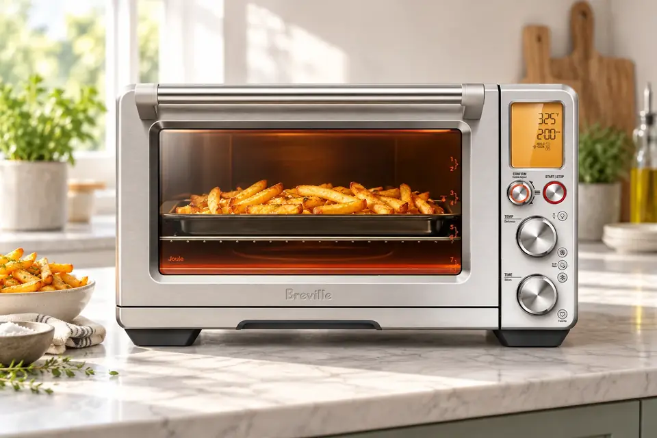 The Breville Joule Oven Air Fryer Pro at work: an air-fryer toaster oven with crispy fries on its tray