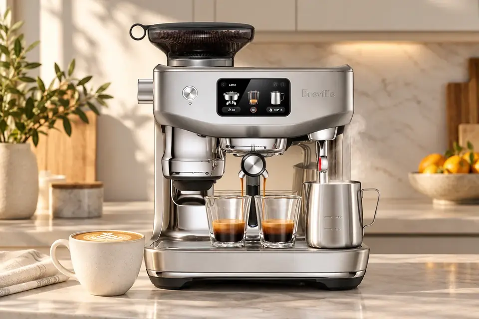 The Breville Oracle Jet at work: an espresso machine steaming milk for a latte