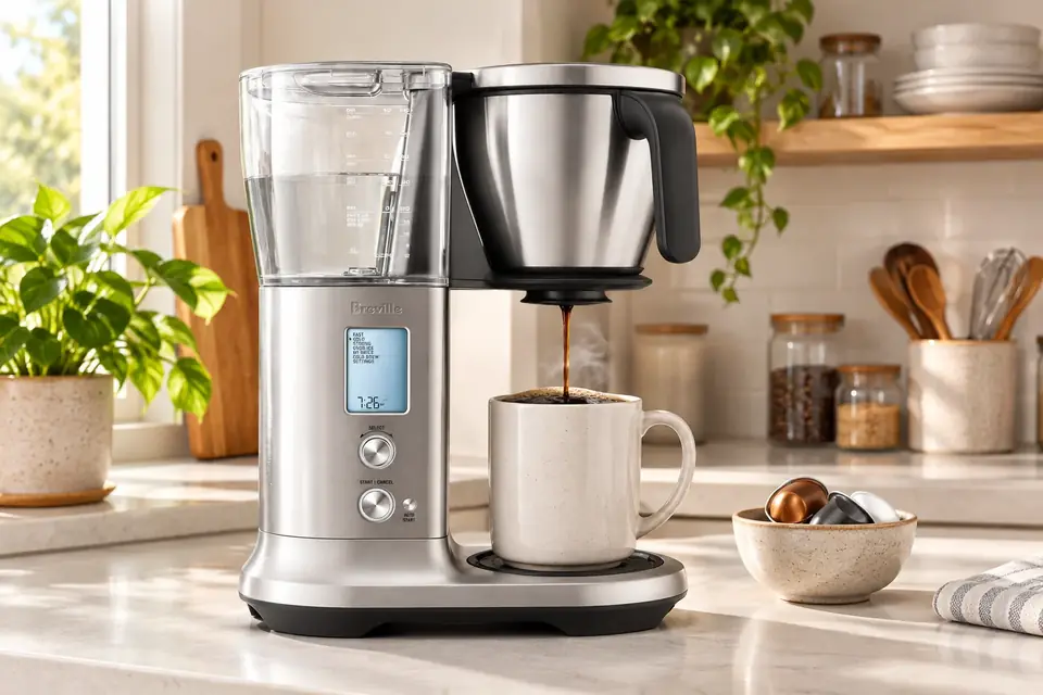 The Breville Precision Brewer at work: a single-serve coffee maker filling a mug