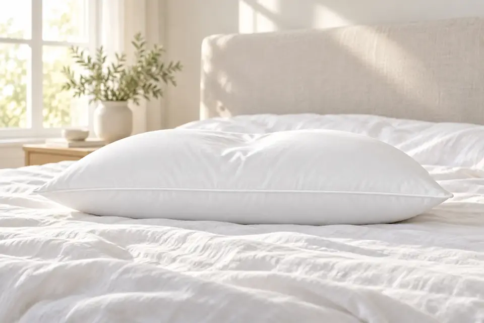 The Brooklinen Down Pillow at work: a plush pillow on a bed made with crisp white linen