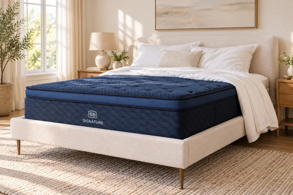 The Brooklyn Bedding Signature Hybrid at work: a mattress made up with a side-sleeping pillow