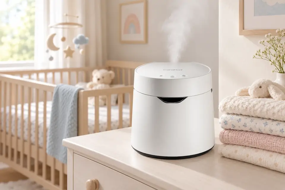 The Carepod One at work: a quiet humidifier on a nursery dresser