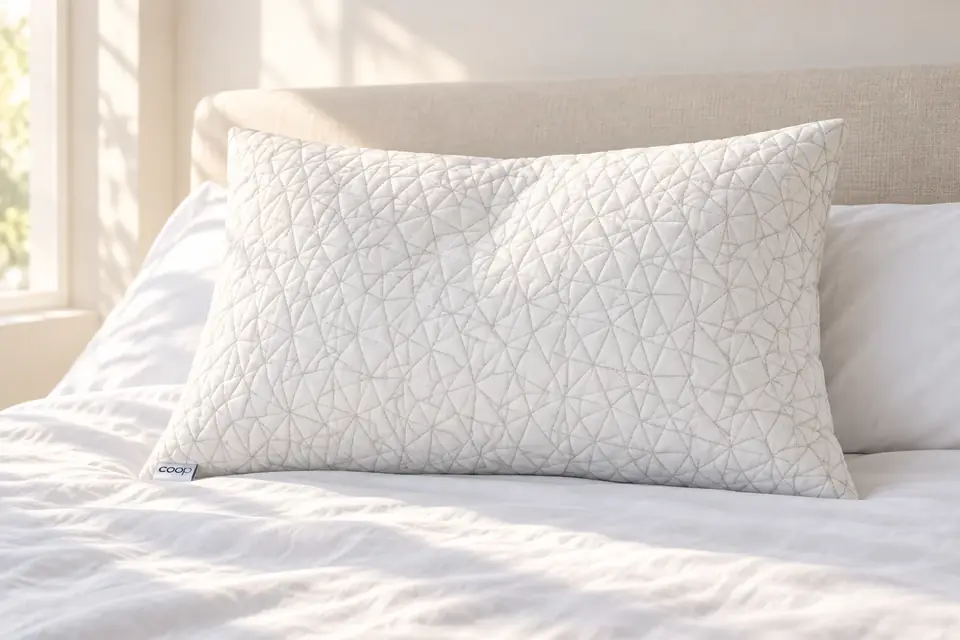 The Coop Home Goods Original Adjustable Pillow at work: a plush pillow on a bed made with crisp white linen