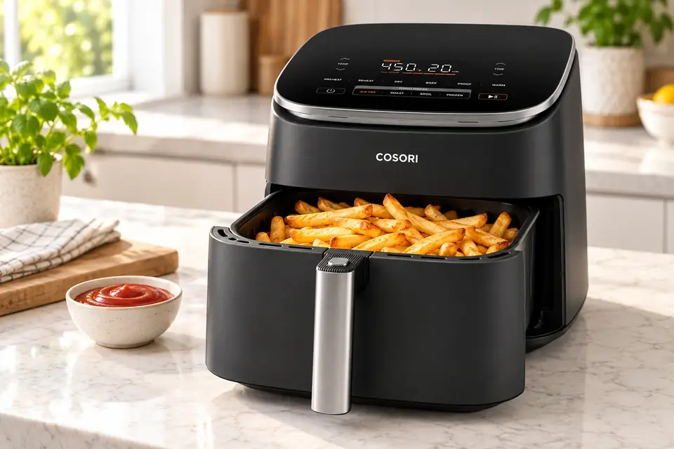The Cosori TurboBlaze at work: an air fryer basket full of crispy fries