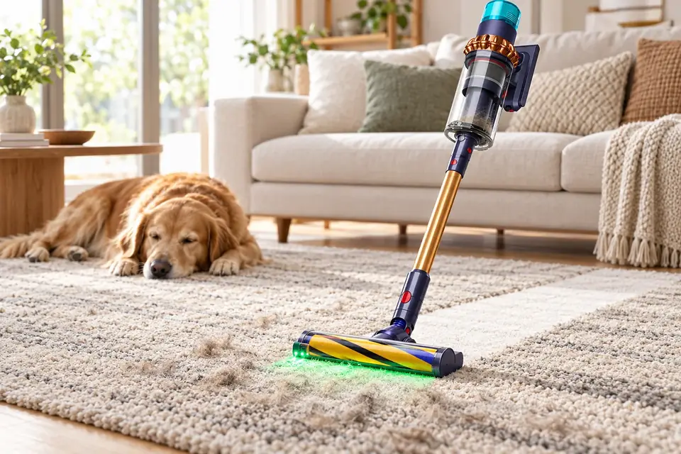 The Dyson Gen5detect at work: a cordless vacuum lifting dog hair from a rug