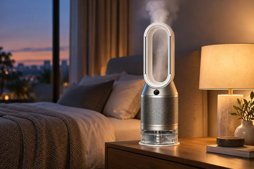 The Dyson Purifier Humidify+Cool at work: a humidifier releasing mist on a bedside table