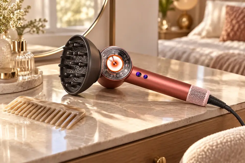 The Dyson Supersonic Nural at work: a hair dryer with a diffuser attached on a dressing table