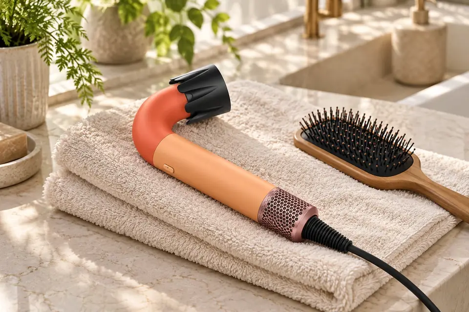 The Dyson Supersonic r at work: a powerful hair dryer beside a brush and towel