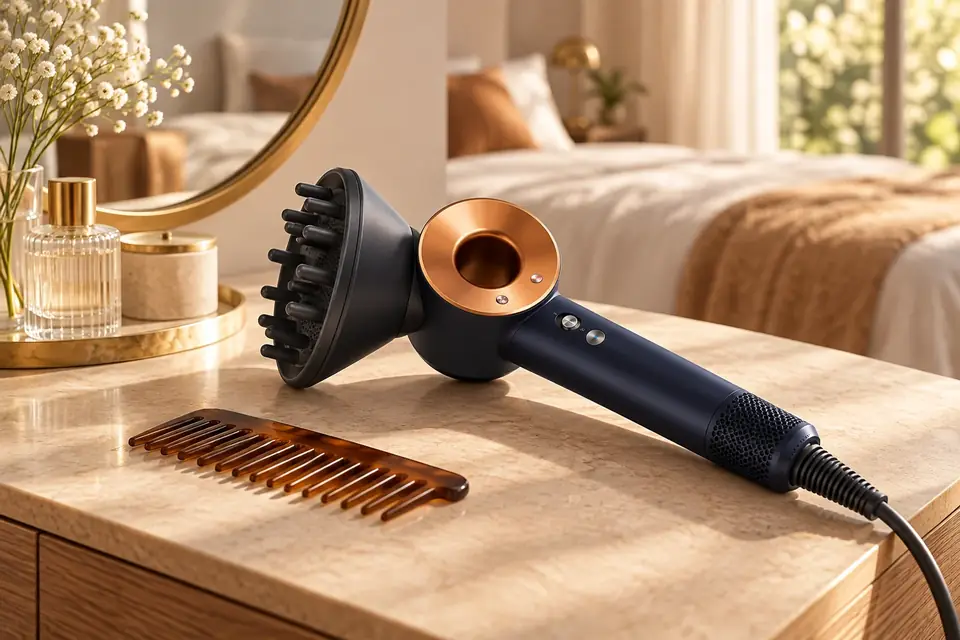 The Dyson Supersonic at work: a hair dryer with a diffuser attached on a dressing table