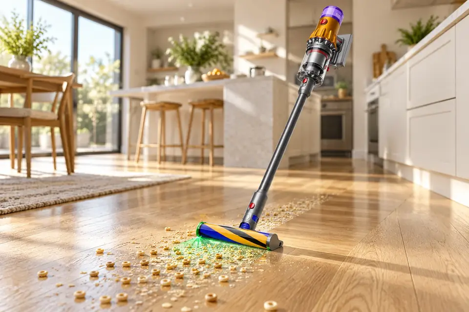 The Dyson V12 Detect Slim at work: a cordless vacuum cleaning a hardwood floor