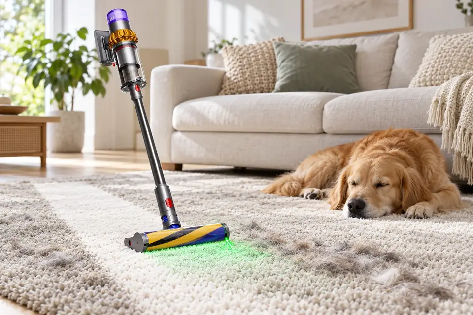 The Dyson V15 Detect at work: a cordless vacuum lifting dog hair from a rug