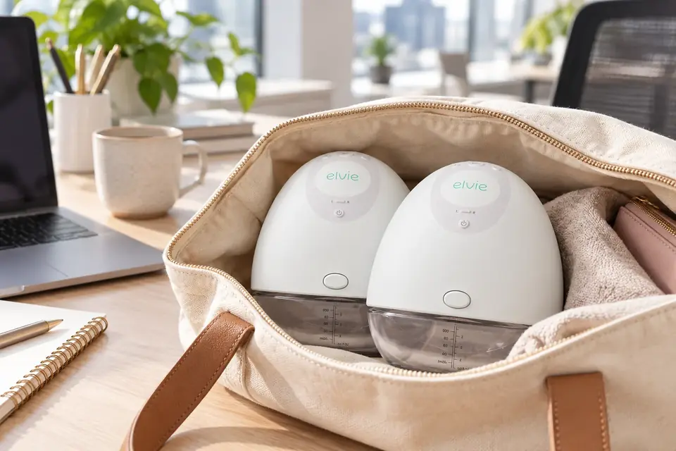 El Elvie Pump en acción: un extractor de leche portátil y biberones en una bolsa tote abierta