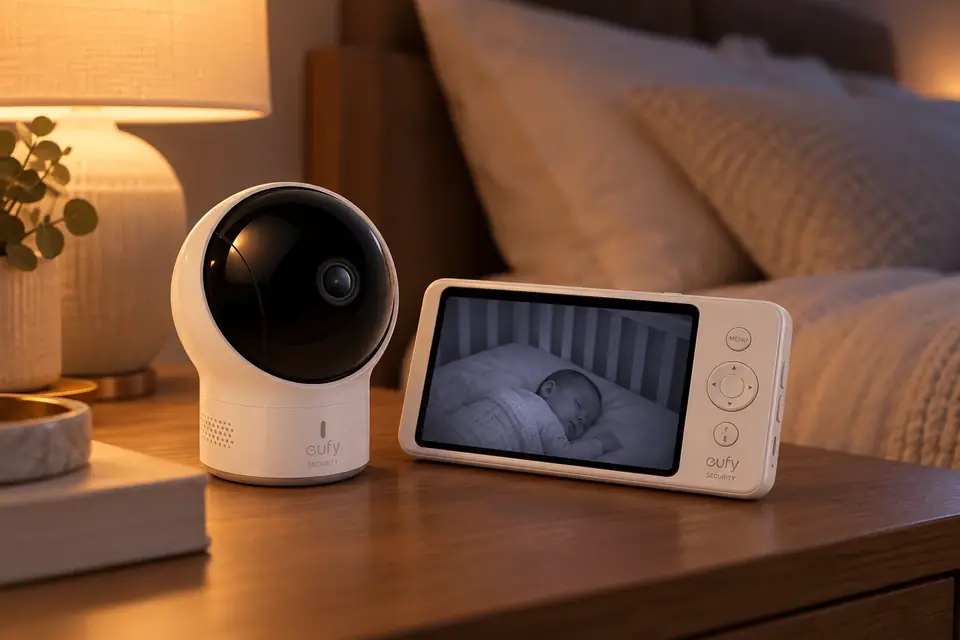 The Eufy SpaceView Pro at work: a baby monitor parent screen on a nightstand