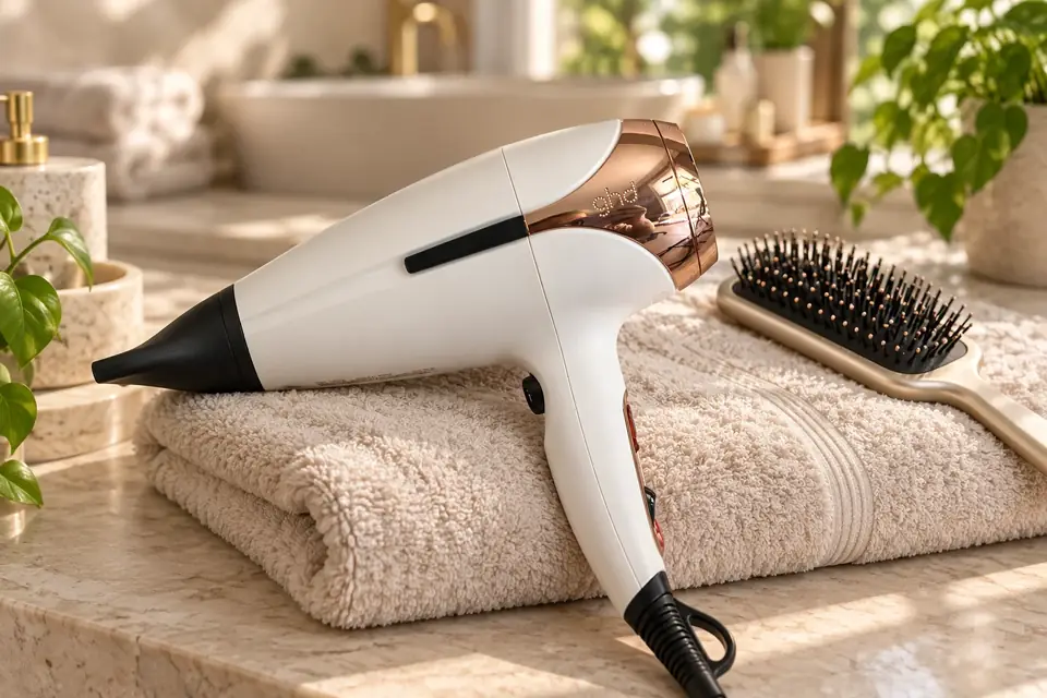 The ghd Helios at work: a powerful hair dryer beside a brush and towel