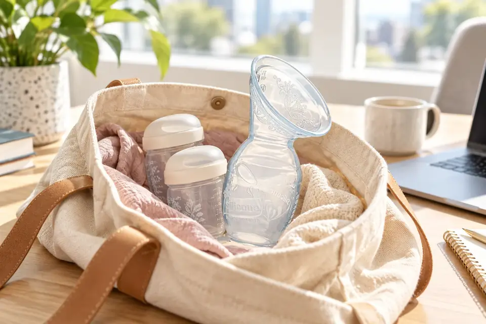 The Haakaa Silicone Manual Breast Pump at work: a portable breast pump and bottles in an open tote bag