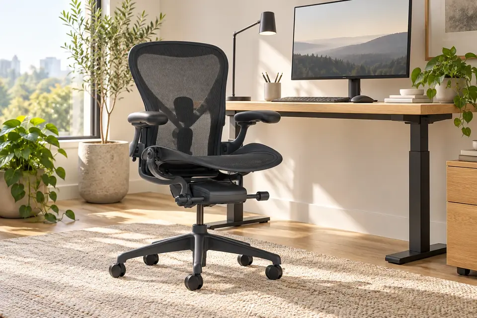 The Herman Miller Aeron at work: an ergonomic chair in a sunny home office
