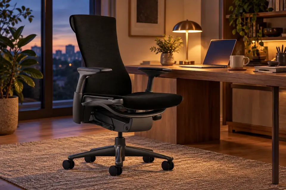 The Herman Miller Embody at work: an office chair at a desk at dusk
