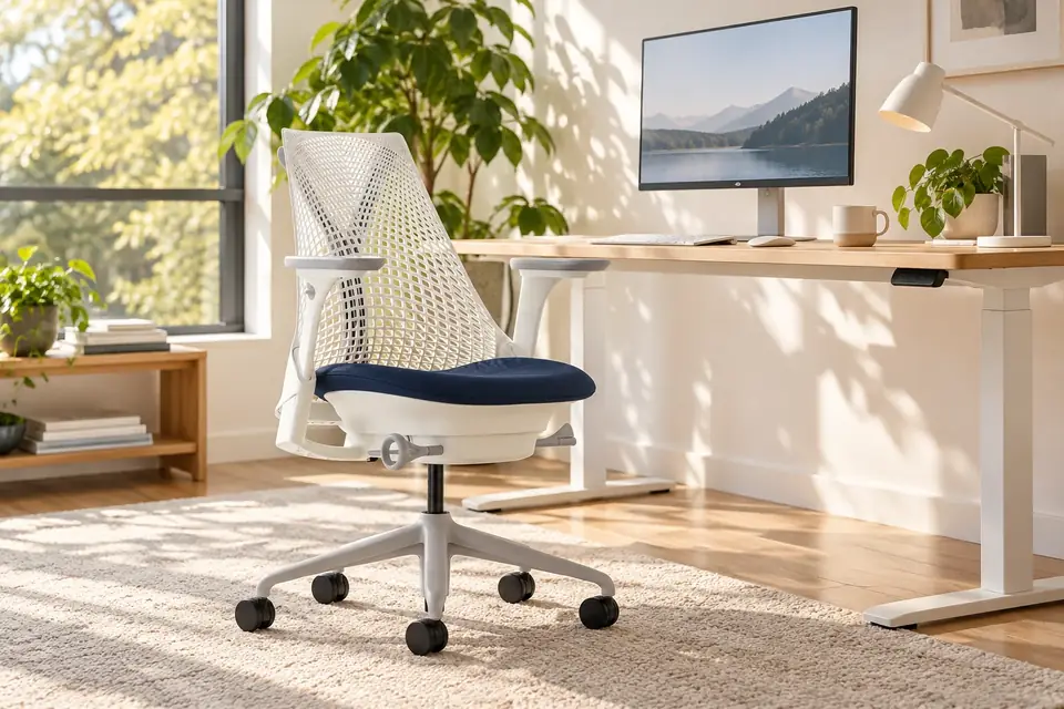 The Herman Miller Sayl at work: an ergonomic chair in a sunny home office