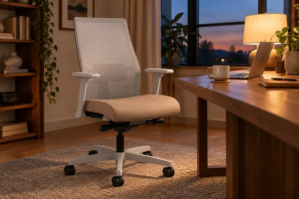 The HON Ignition 2.0 at work: an office chair at a desk at dusk