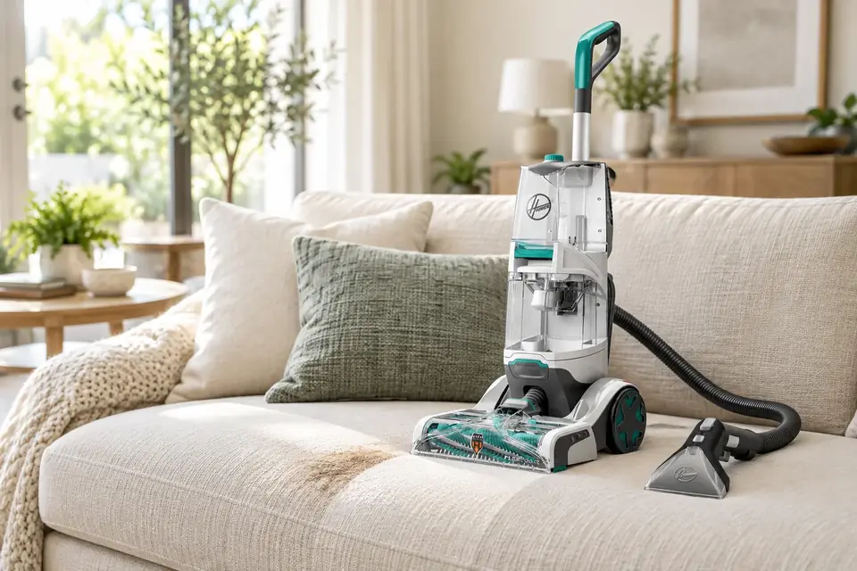 The Hoover SmartWash at work: a portable spot cleaner on a sofa cushion