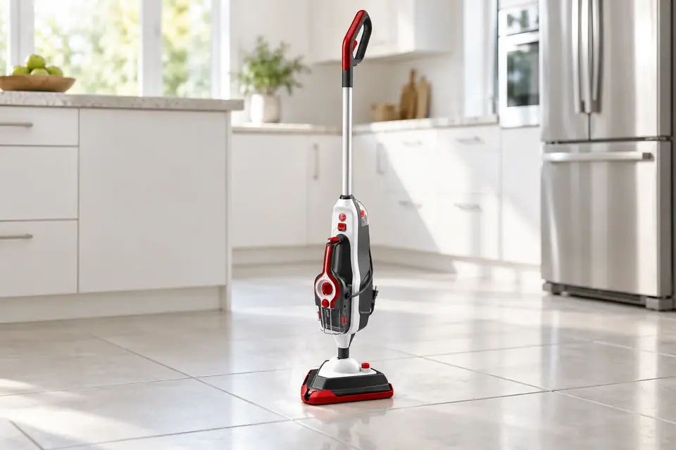 The Hoover Steam Complete Pet at work: a steam mop on a clean tiled floor