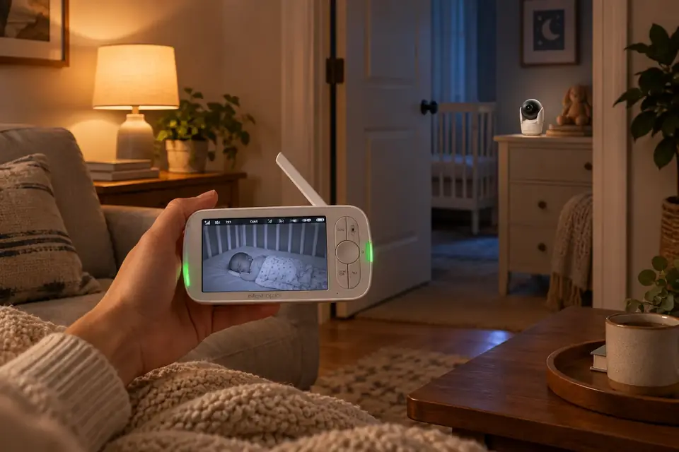 The Infant Optics DXR-8 at work: a parent checking the baby monitor app on a phone