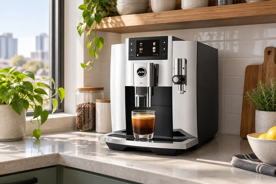 The Jura E8 at work: a compact espresso machine in a small kitchen