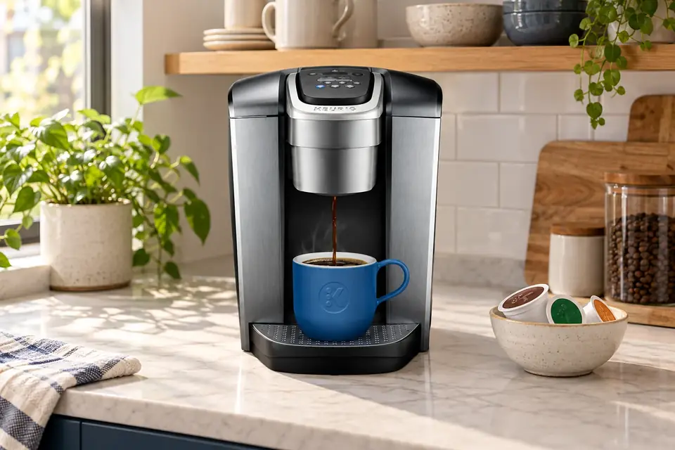 The Keurig K-Elite at work: a single-serve coffee maker filling a mug
