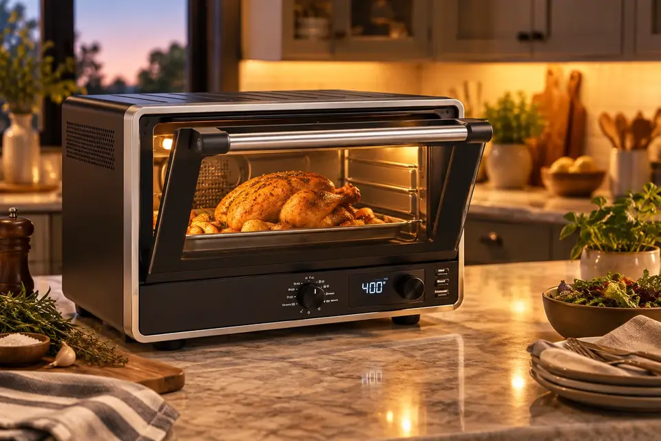 The KitchenAid Digital Countertop Oven with Air Fry at work: a large toaster oven with a small roast chicken inside