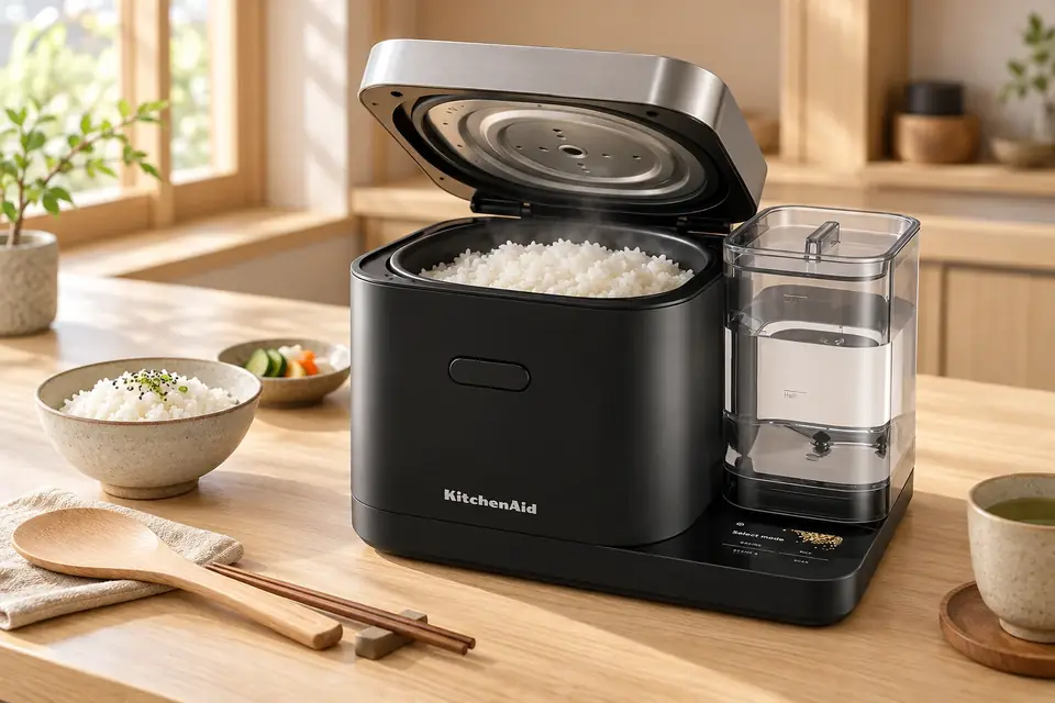 The KitchenAid Grain and Rice Cooker at work: a rice cooker with its lid open showing fluffy rice