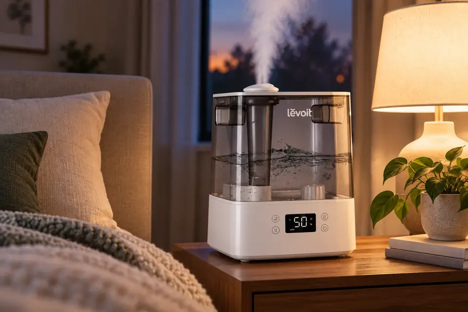 The Levoit Classic 300S at work: a humidifier releasing mist on a bedside table