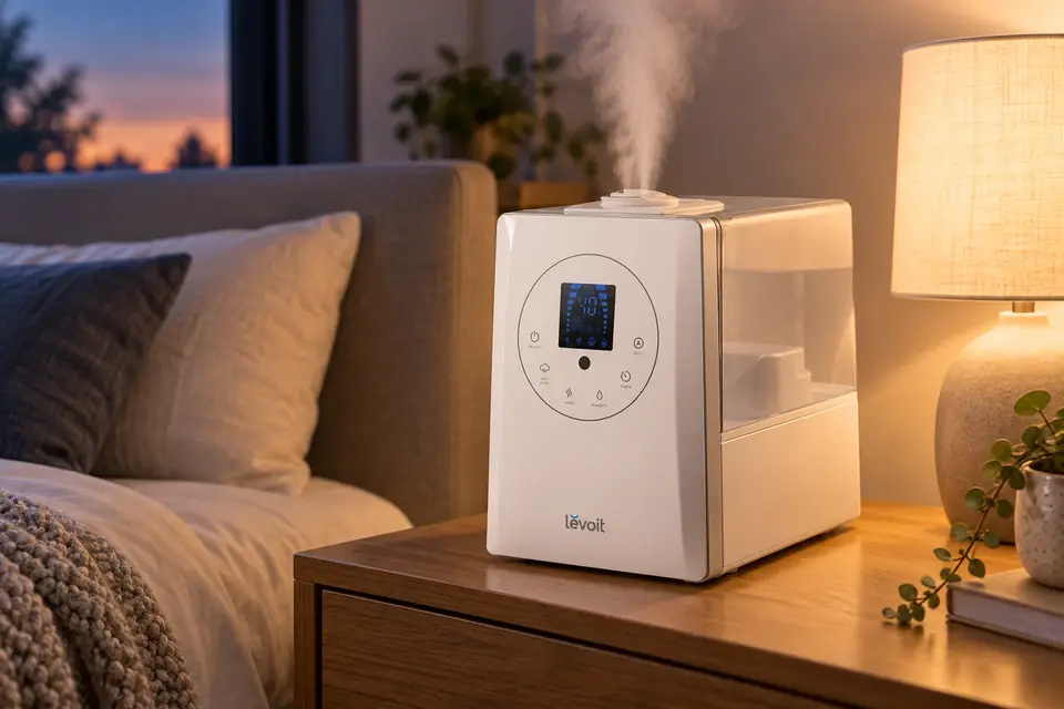 The Levoit LV600HH at work: a humidifier releasing mist on a bedside table