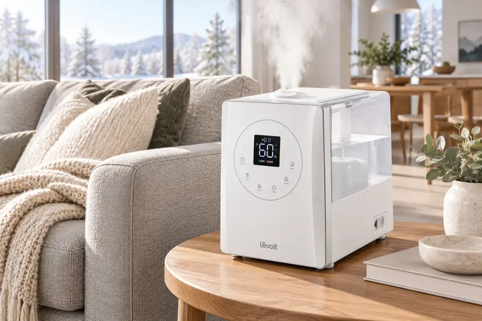 The Levoit LV600S at work: a large humidifier in a spacious living room