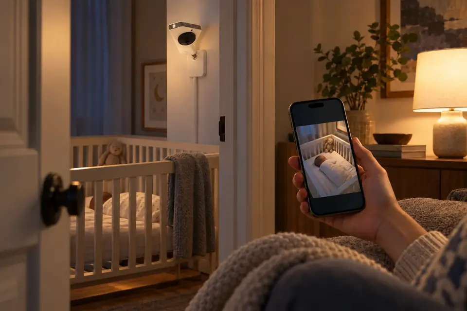 The Miku Pro at work: a parent checking the baby monitor app on a phone