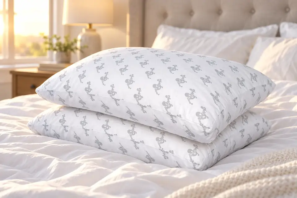 The MyPillow at work: a slim, soft pillow on a bed in morning light