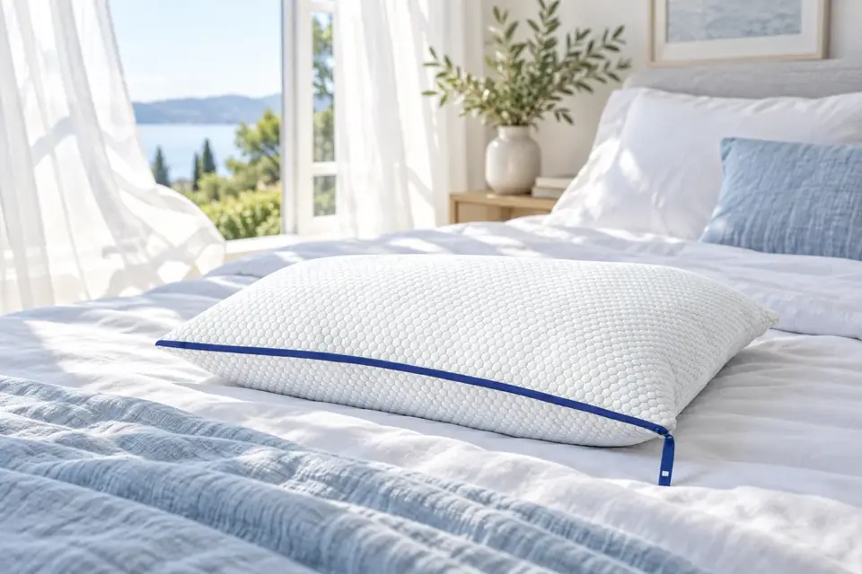 The Nectar Pillow at work: a pillow with a breathable cover by an open window