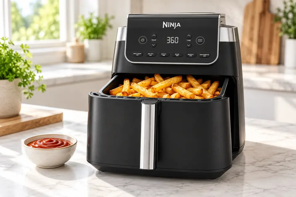 The Ninja Air Fryer Pro at work: an air fryer basket full of crispy fries